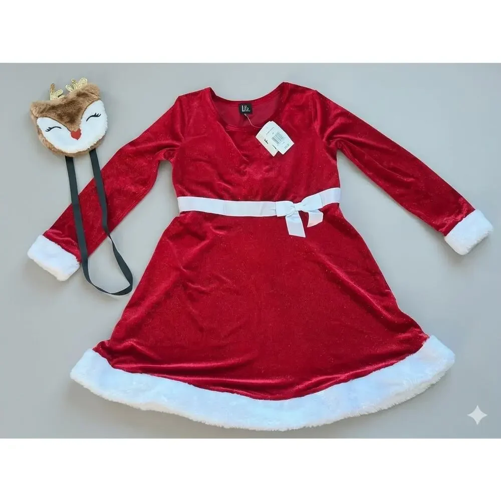 NEW! Lilt Girls Christmas Holiday Red Velvet Faux Fur Satin Santa Dress Size L14